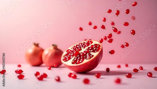 Vibrant pomegranate still life featuring a halved fruit and scattered seeds on a pink backdrop, capturing freshness