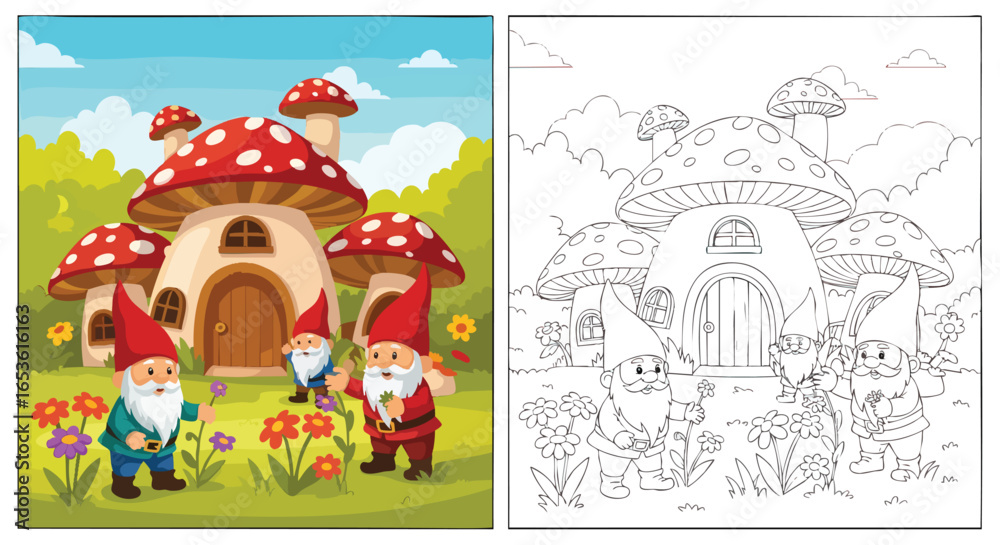 Fototapeta premium kids colouring page Charming Gnomes Gathering Flowers Near Mushroom Homes, Gnomes, Mushroom Houses, Fantasy, Garden, Whimsical, Flowers, Cartoon