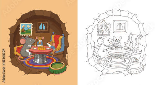 kids colouring page Adorable cartoon mice eating cheese inside cozy home, Mice, Family, Dinner, Cheese, Burrow, Cartoon, Illustration