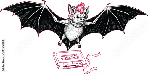 Cartoon bat with a pink mohawk, headphones, and studded collar flies above a cassette tape.