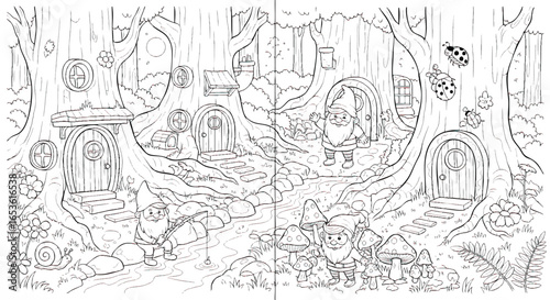 kids colouring page Whimsical gnomes living in a magical forest village, Gnome, Forest, Village, Treehouse, Mushroom, Cartoon, Coloring
