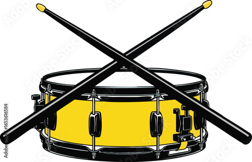 Illustration of a yellow snare drum with black hardware and two crossed black drumsticks on a white background.