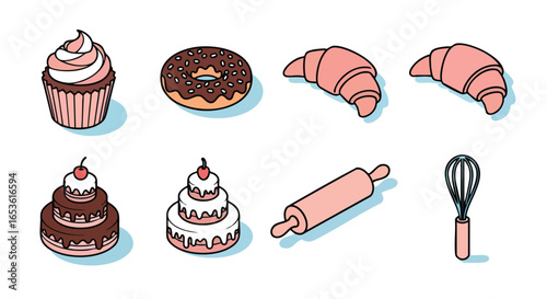 Cute Isometric Baking Icons and Dessert Illustrations, Cupcake, Donut, Croissant, Tiered Cake, Rolling Pin, Whisk, Pastries, Sweets