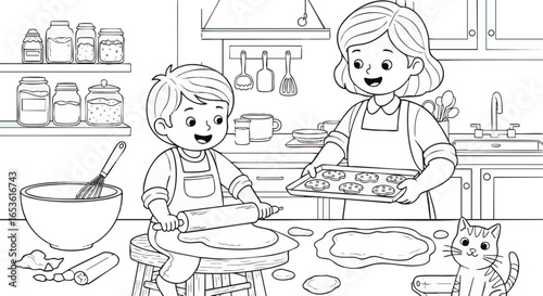 kids colouring page Joyful Mother and Son Baking Homemade Cookies, Family Bonding, Kitchen Fun, Learning To Cook, Childhood Memory, Home Activity, Domestic Bliss