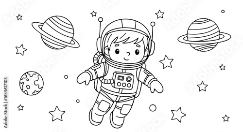 kids colouring page Cute Little Astronaut Floating Through Cosmos Doodle Art, Astronaut, Space, Planets, Stars, Kids, Cartoon, Outline, Coloring, Educational