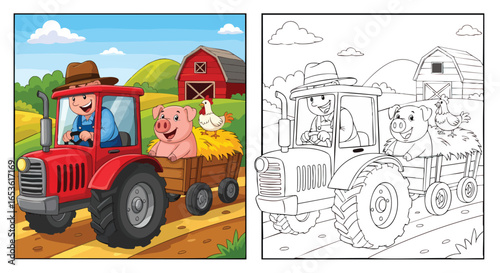 kids colouring page Joyful Farmer Driving Tractor with Farm Animals, Cartoon Style, Coloring Book, Rural Life, Kids Activity