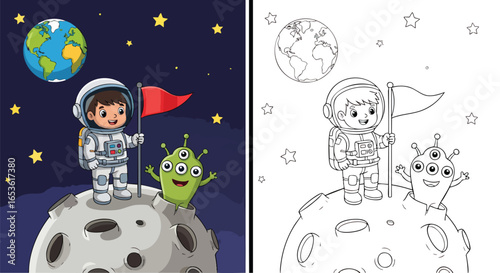 kids colouring page Cute astronaut and green alien exploring the moon, Astronaut, Alien, Moon, Earth, Space, Adventure, Kids, Cartoon, Friendship