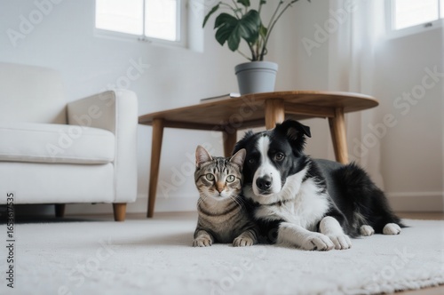 A dog and a cat lying together on a carpet in a cozy living room