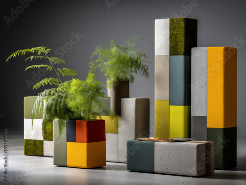 creative photograph of various potted plants arranged to form a geometric pattern or abstract sculpt