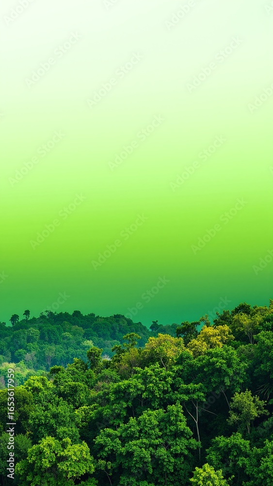Fototapeta premium A vibrant green sky looms over a lush jungle, casting an ethereal glow on the dense canopy of trees, creating a surreal and enchanting atmosphere.