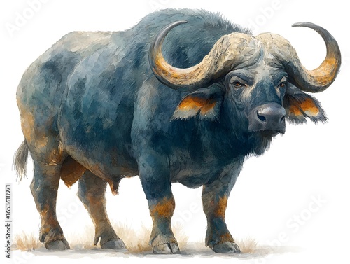 Artistic rende of a powerful African buffalo stands majestically against an isolated white background.