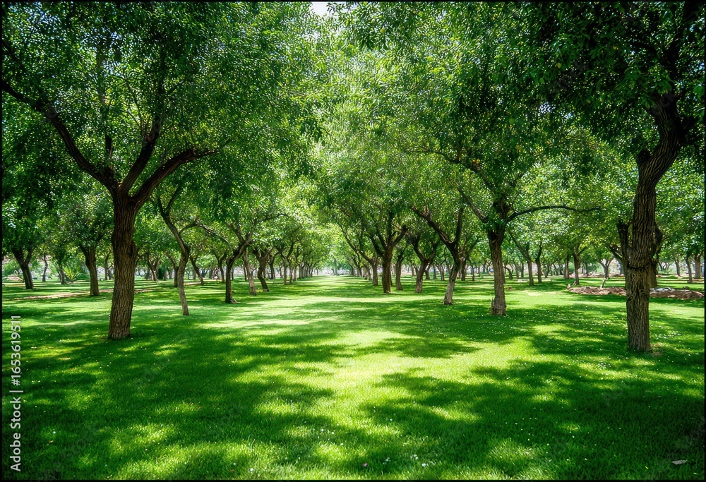 Obraz premium Sun-drenched orchard pathway