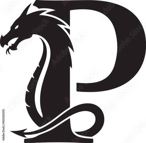 Mythical dragon silhouette integrated with a bold capital letter p logo design