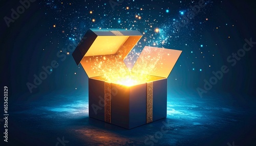 Mysterious Open Gift Box Emitting a Magical Golden Glow and Sparkling Particles in a Dark Setting