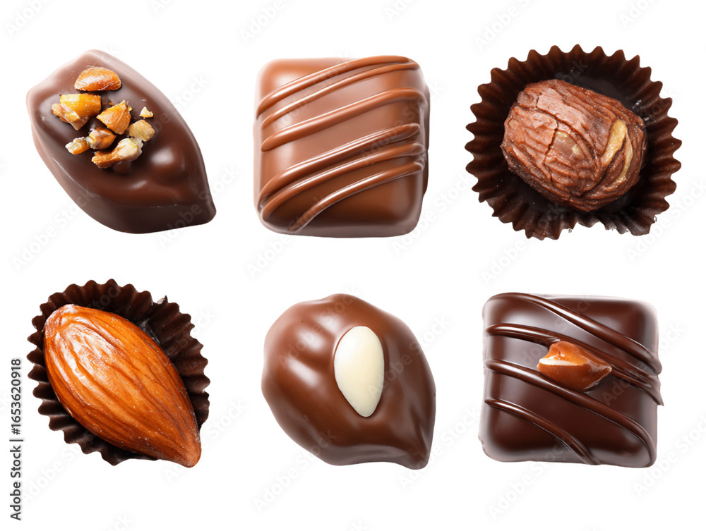 Obraz premium Overhead View of Six Assorted Gourmet Chocolates With Nuts on Transparent Background, PNG