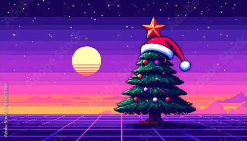 Pixelated Christmas Tree with Star Ornament Against Sunset Sky with Grid Foreground in Retro Style