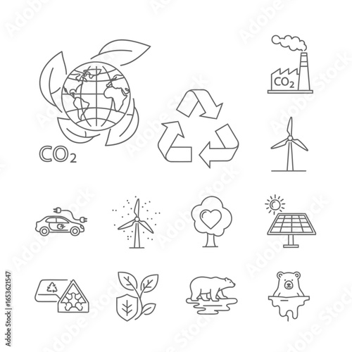 Vector illustration of ecofriendly icons including earth, recycle, electric car, wind turbine, solar panel