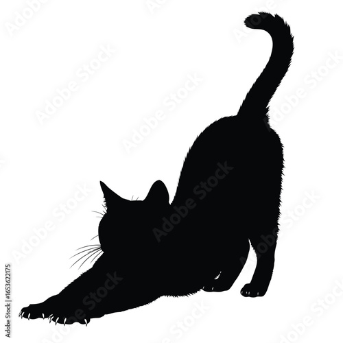 Vector illustration of black cat silhouette stretching gracefully isolated on white background