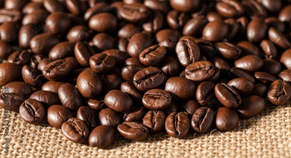 Obraz premium Roasted coffee beans piled on burlap sacking creating a rich texture and warm brown hues perfect