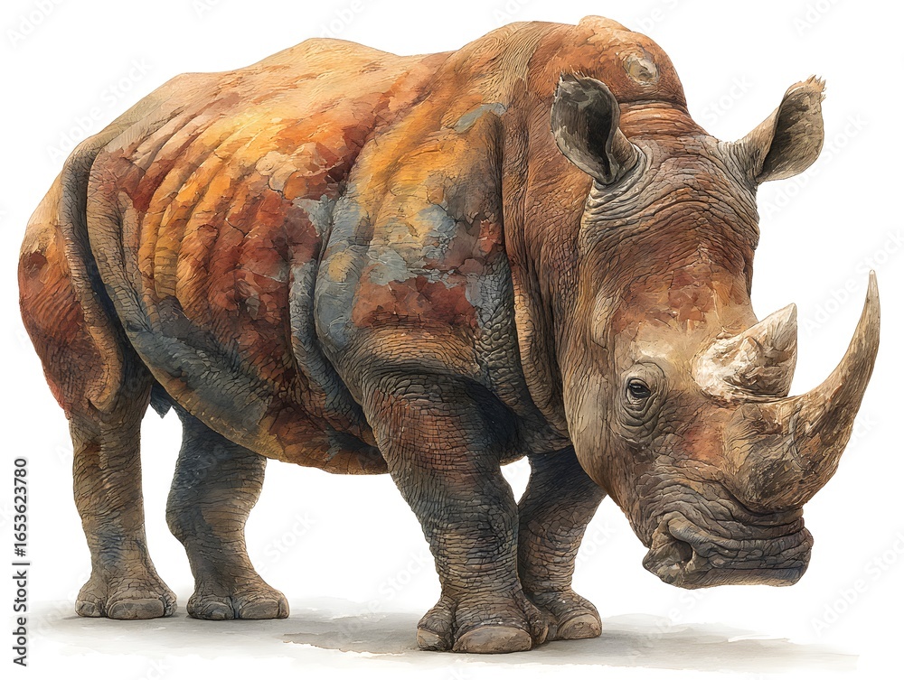 Fototapeta premium An artistic watercolor illustration depicts a strong rhinoceros standing majestically on a white background plain.