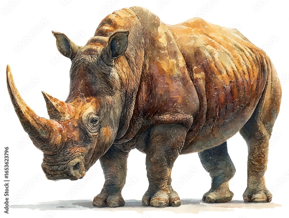 Fototapeta premium An isolated artistic watercolor painting depicts a powerful rhinoceros standing with its large horn visible.