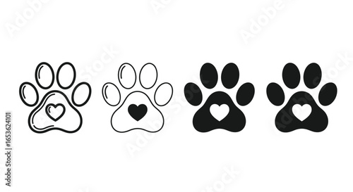Vector illustration of dog and cat paw prints with heart symbol isolated on white background