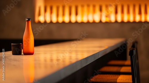 Warmly lit bar counter with orange sake bottle and cups