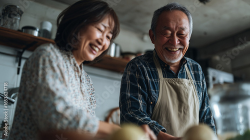Korean elder couple in their 65's years old smiling while cooking together in a bright modern kitchen