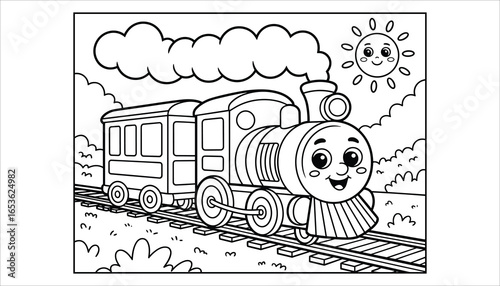 Cute Cartoon Train Coloring Page Vector for Kids