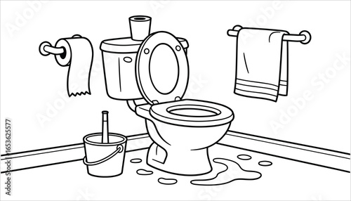Cartoon Toilet Vector Illustration with Bathroom Interior and Cleaning Elements