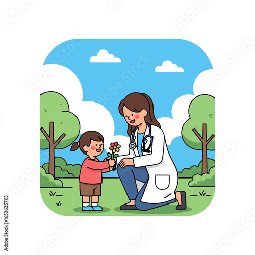 A grateful little girl gives a flower to a kind female doctor in a park. This heartwarming vector illustration symbolizes appreciation for healthcare workers, kindness, and positive pediatric care.