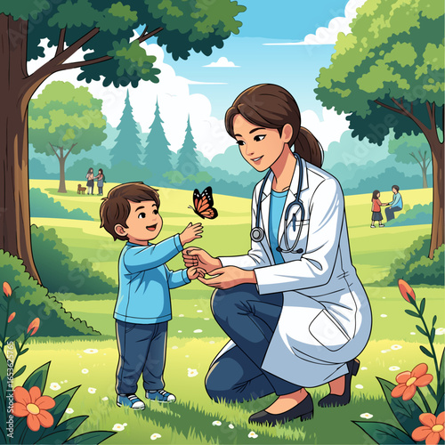 A caring female doctor in a white coat interacts with a happy little boy in a sunny park. A butterfly rests on the child's hand, symbolizing gentle pediatric care, nature, and wellness.