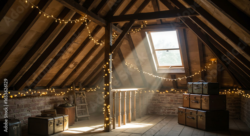 Cozy rustic attic loft with vintage trunks and magical string lights illuminated by a sunbeam from a window.