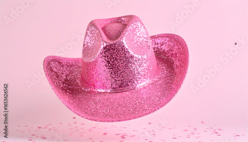 Pink Glitter Cowboy Hat Floating Against a Soft Pink Background in Studio Lighting