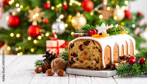 Traditional Christmas fruitcake decorated with dried fruit and nuts on wooden table with blurred lights