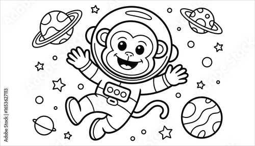 Cute Monkey Astronaut Coloring Page Vector Illustration