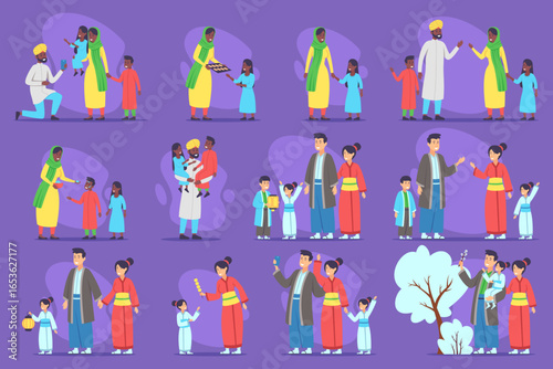 Joyful gatherings with families and children engaging in various activities, celebrating cultural traditions with traditional attire and festive items in vibrant setting