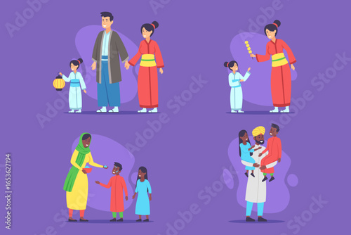 Groups of families wearing colorful traditional attire, engaging in various joyful activities. Children playing, while adults sharing smiles and laughter. Cultural heritage and connection concept