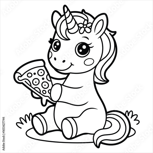 Cute Unicorn Coloring Page. Cartoon Fantasy Animal Eating Pizza Vector Illustration.