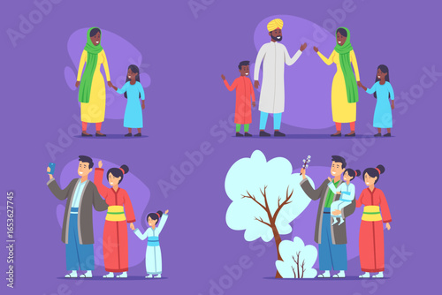 Families in colorful traditional outfits engaging and celebrating quality time together outdoors. Children expressing excitement while adults sharing laughter and warmth, showcasing cultural unity