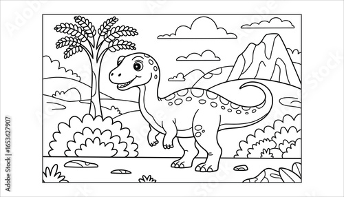 Cute Dinosaur Coloring Page. Cartoon Prehistoric Animal Vector Illustration.