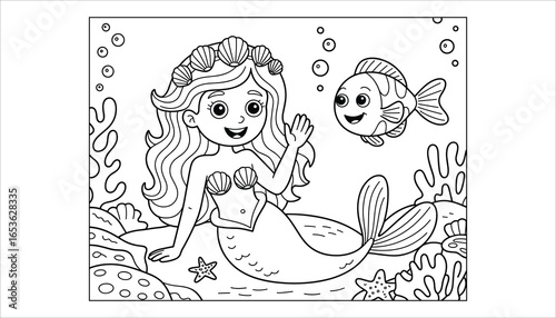 Cute Mermaid Coloring Page. Underwater Princess and Fish Vector Illustration.