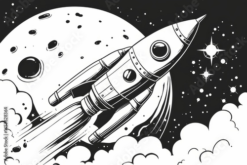 Straightforward line art drawing of a rocket ship blasting off into space with stars and planet, simple coloring page for kids