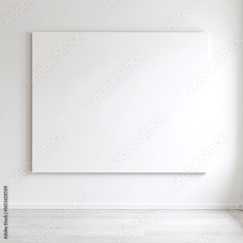 A pristine white wall serves as a backdrop, featuring a centrally positioned empty frame that invites creativity and imagination, awaiting artwork.
