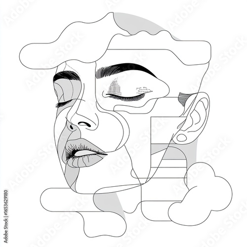 Line Art Portrait with Abstract Elements and Serene Expression