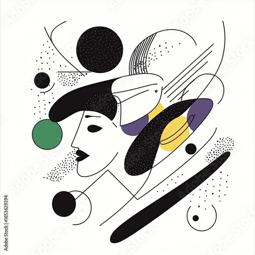 Abstract Flow: Contemporary Line Art with Feminine Profile, Circles  Colors
