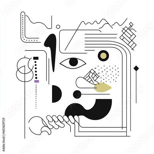 Abstract Deconstructed Face: Modern Minimalist Line Art with Geometric Shapes  Yellow Accents