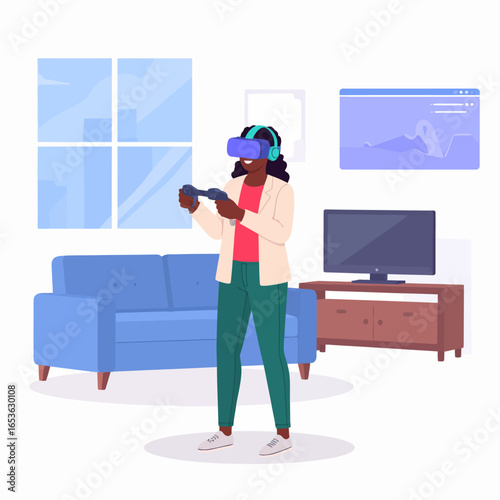 A woman in a beige jacket and green pants immersed in a virtual reality experience with a VR headset and controller.