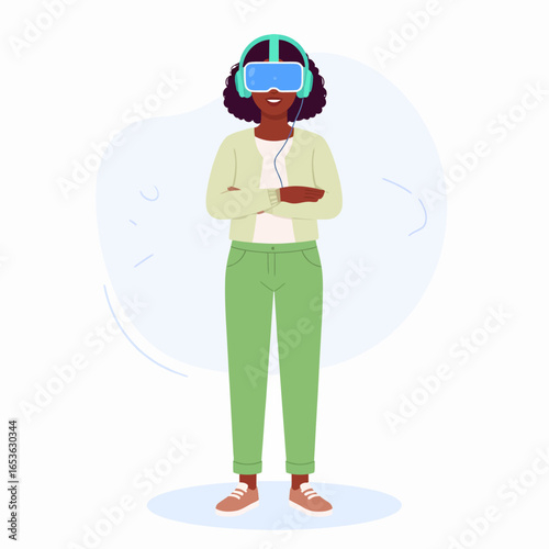 Smiling Black woman in a green outfit with arms crossed, wearing a blue virtual reality headset and headphones.