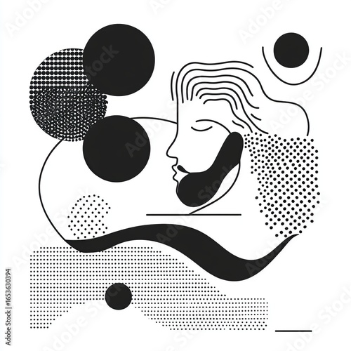 Abstract Minimalist Black  White Illustration: Profile, Circles, Patterns